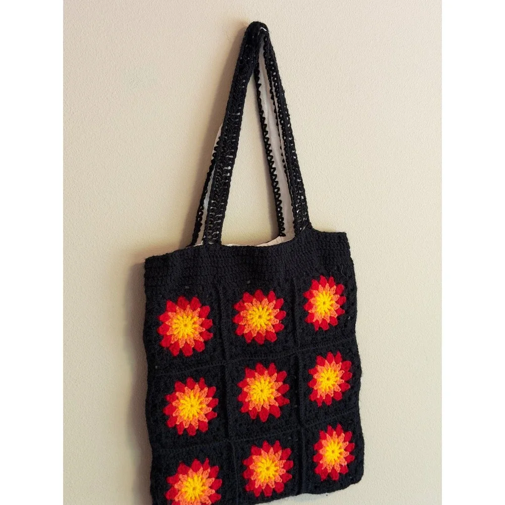 Handmade Crochet Square Tote Bag Black Red Floral Boho Lined Shoulder Bag